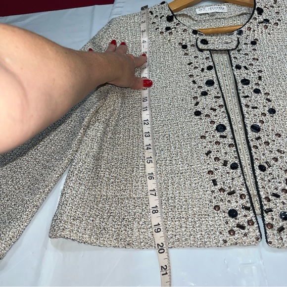 St. John Beige Chunky Knit BLAZER Jacket Black Copper Bead Trim Open Front Sz 10 - Picture 14 of 16